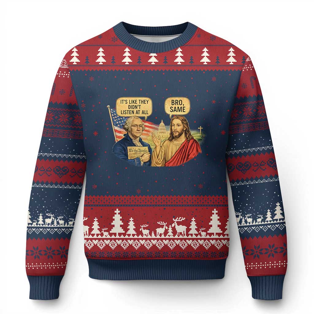 Funny George Washington and Jesus Conversation Ugly Christmas Sweater Patriotic Commentary Historical Icons TS02 Navy Red Print Your Wear