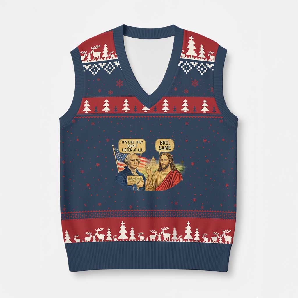 Funny George Washington and Jesus Conversation V-Neck Knit Sweater Vest Patriotic Commentary Historical Icons TS02 Navy Red Print Your Wear