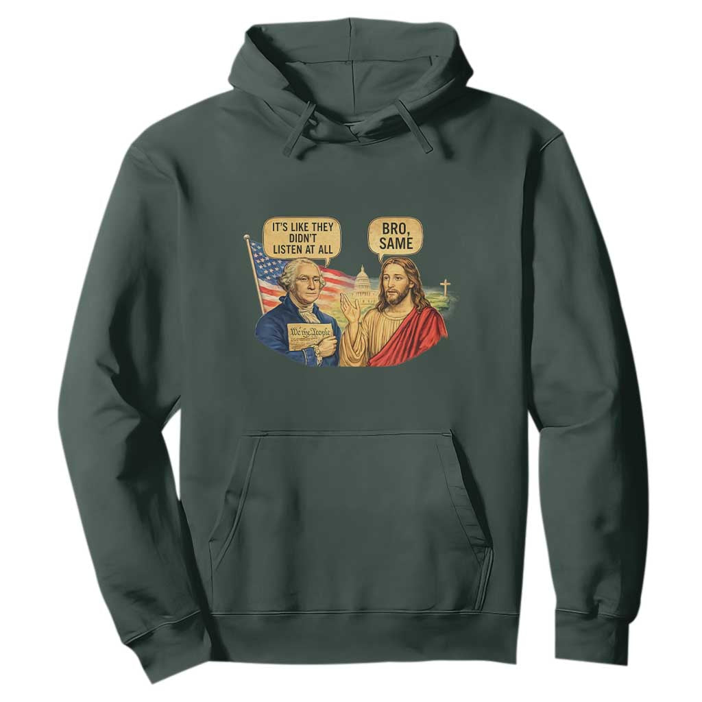 Funny George Washington and Jesus Conversation Hoodie Patriotic Commentary Historical Icons TS02 Dark Forest Green Print Your Wear