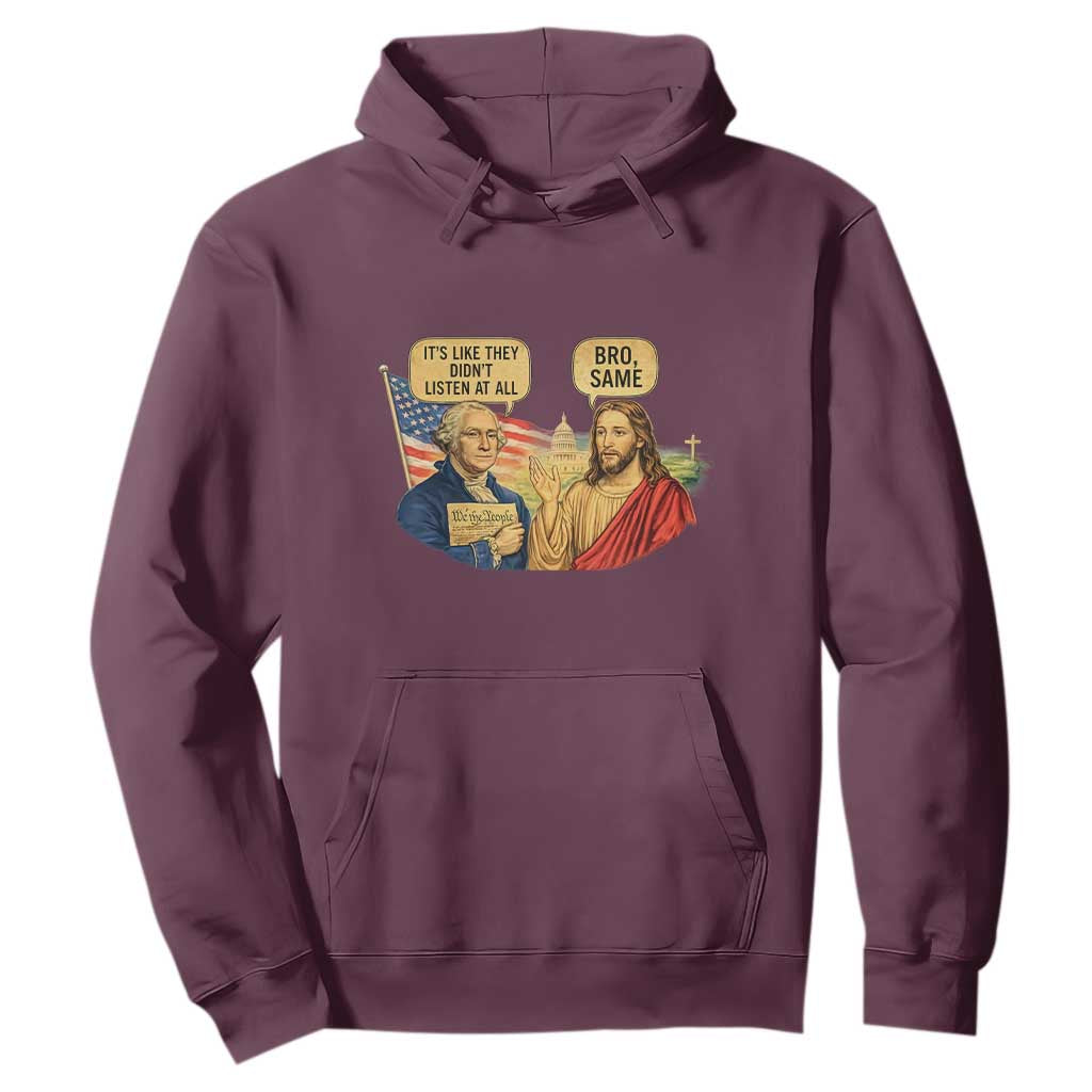 Funny George Washington and Jesus Conversation Hoodie Patriotic Commentary Historical Icons TS02 Maroon Print Your Wear