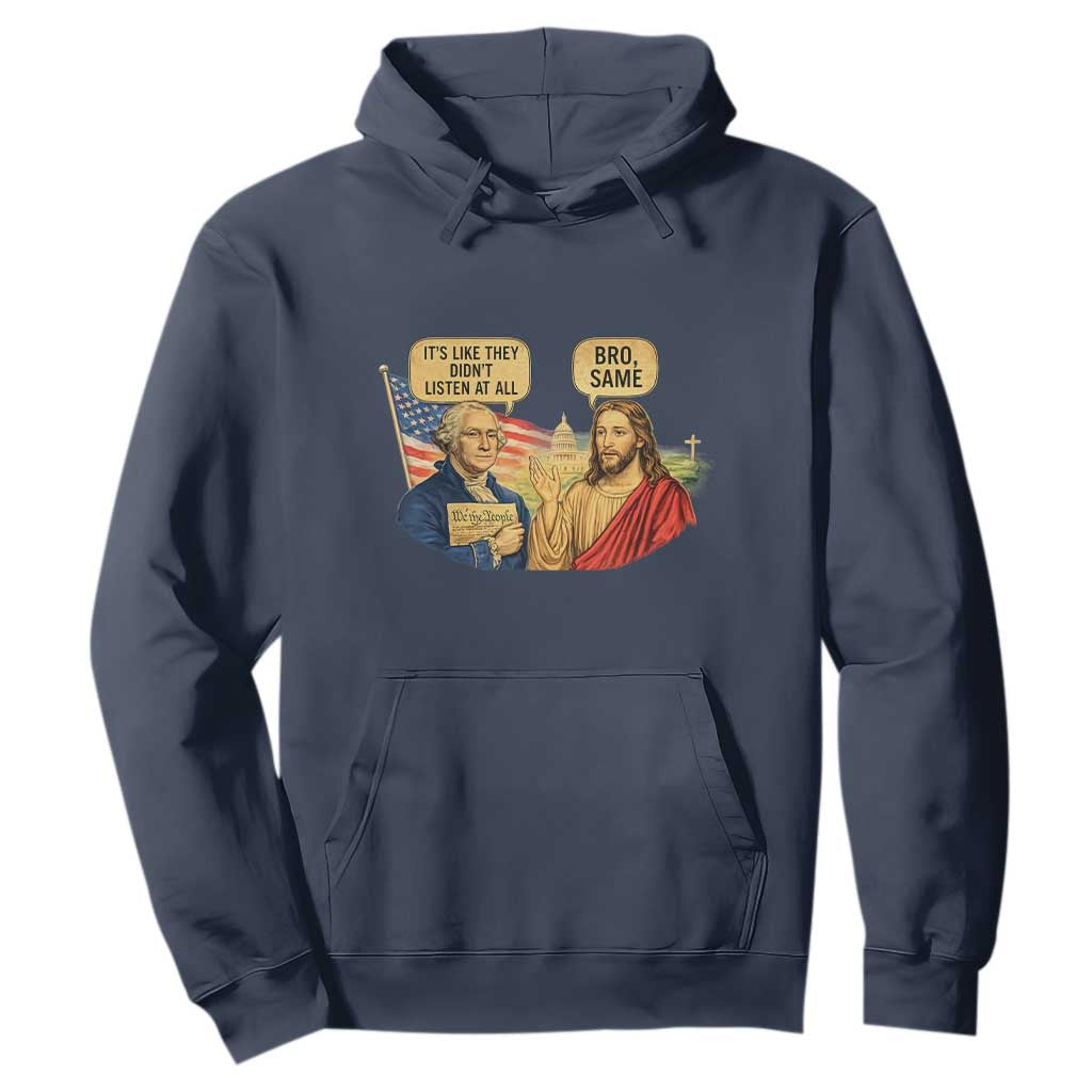 Funny George Washington and Jesus Conversation Hoodie Patriotic Commentary Historical Icons TS02 Navy Print Your Wear