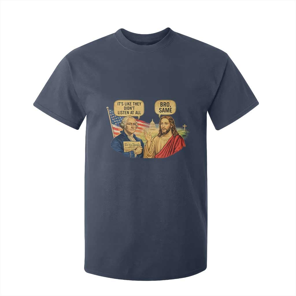 Funny George Washington and Jesus Conversation T Shirt For Kid Patriotic Commentary Historical Icons TS02 Navy Print Your Wear