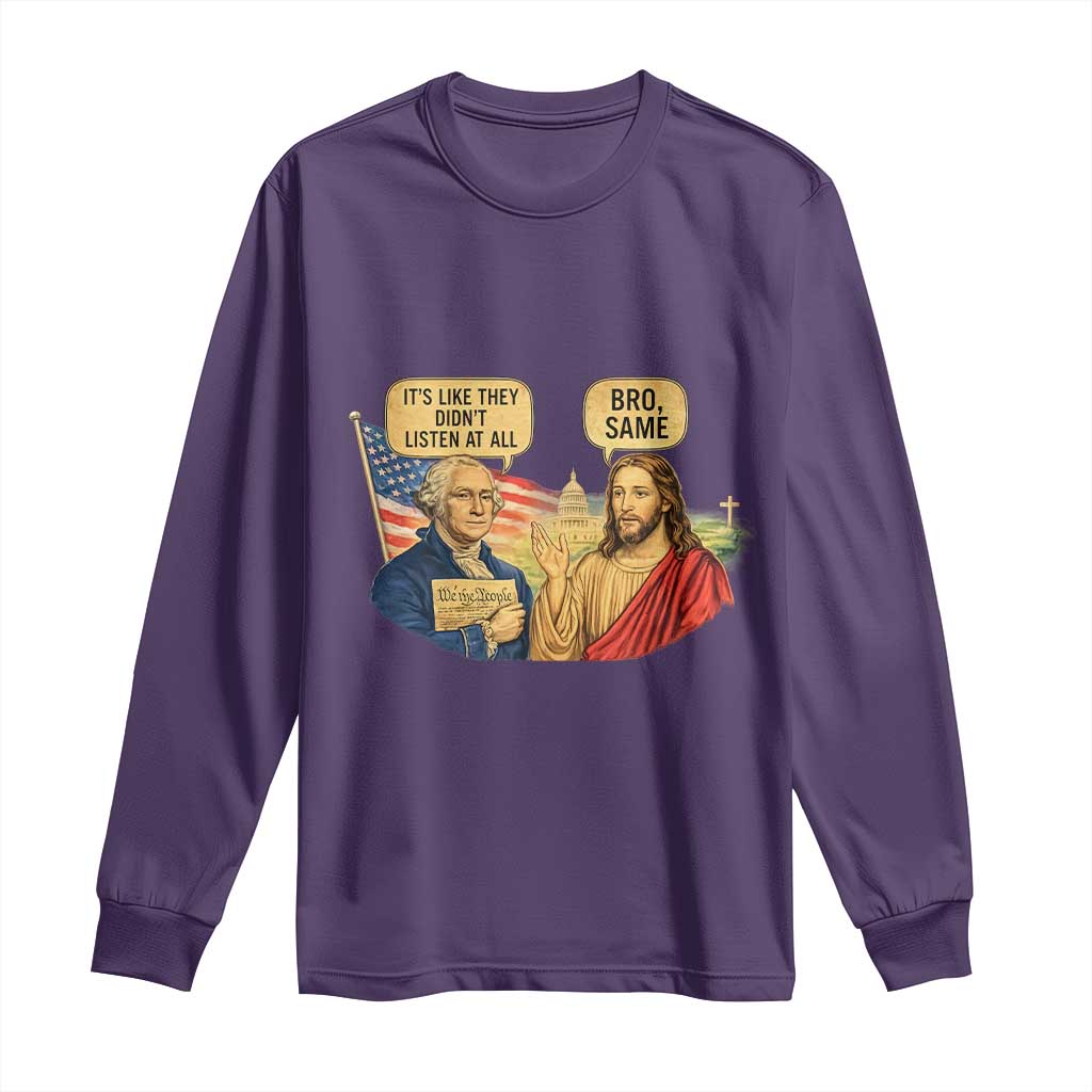 Funny George Washington and Jesus Conversation Long Sleeve Shirt Patriotic Commentary Historical Icons TS02 Purple Print Your Wear