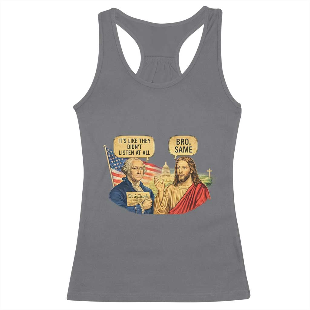 Funny George Washington and Jesus Conversation Racerback Tank Top Patriotic Commentary Historical Icons TS02 Charcoal Print Your Wear