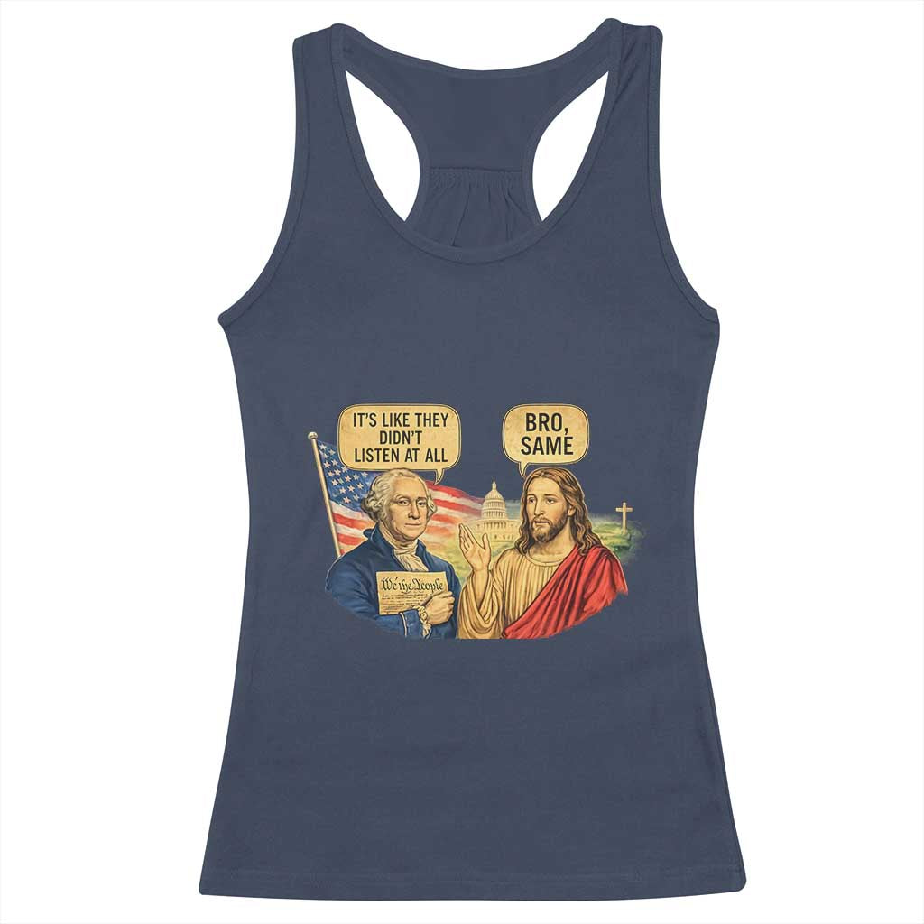 Funny George Washington and Jesus Conversation Racerback Tank Top Patriotic Commentary Historical Icons TS02 Navy Print Your Wear