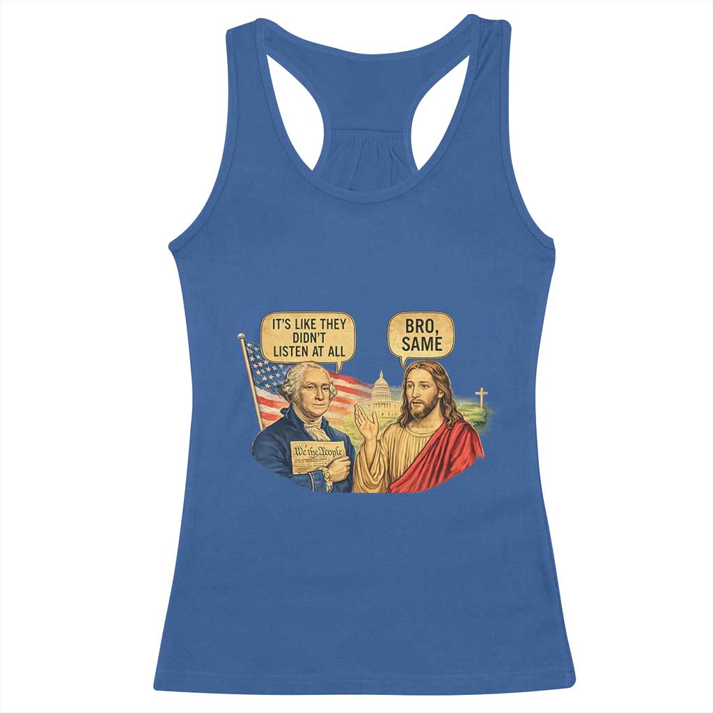 Funny George Washington and Jesus Conversation Racerback Tank Top Patriotic Commentary Historical Icons TS02 Royal Blue Print Your Wear