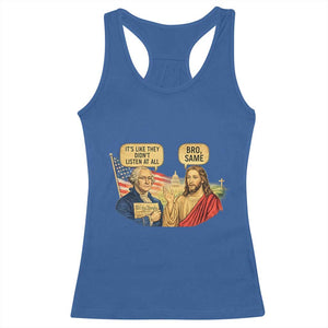 Funny George Washington and Jesus Conversation Racerback Tank Top Patriotic Commentary Historical Icons TS02 Royal Blue Print Your Wear