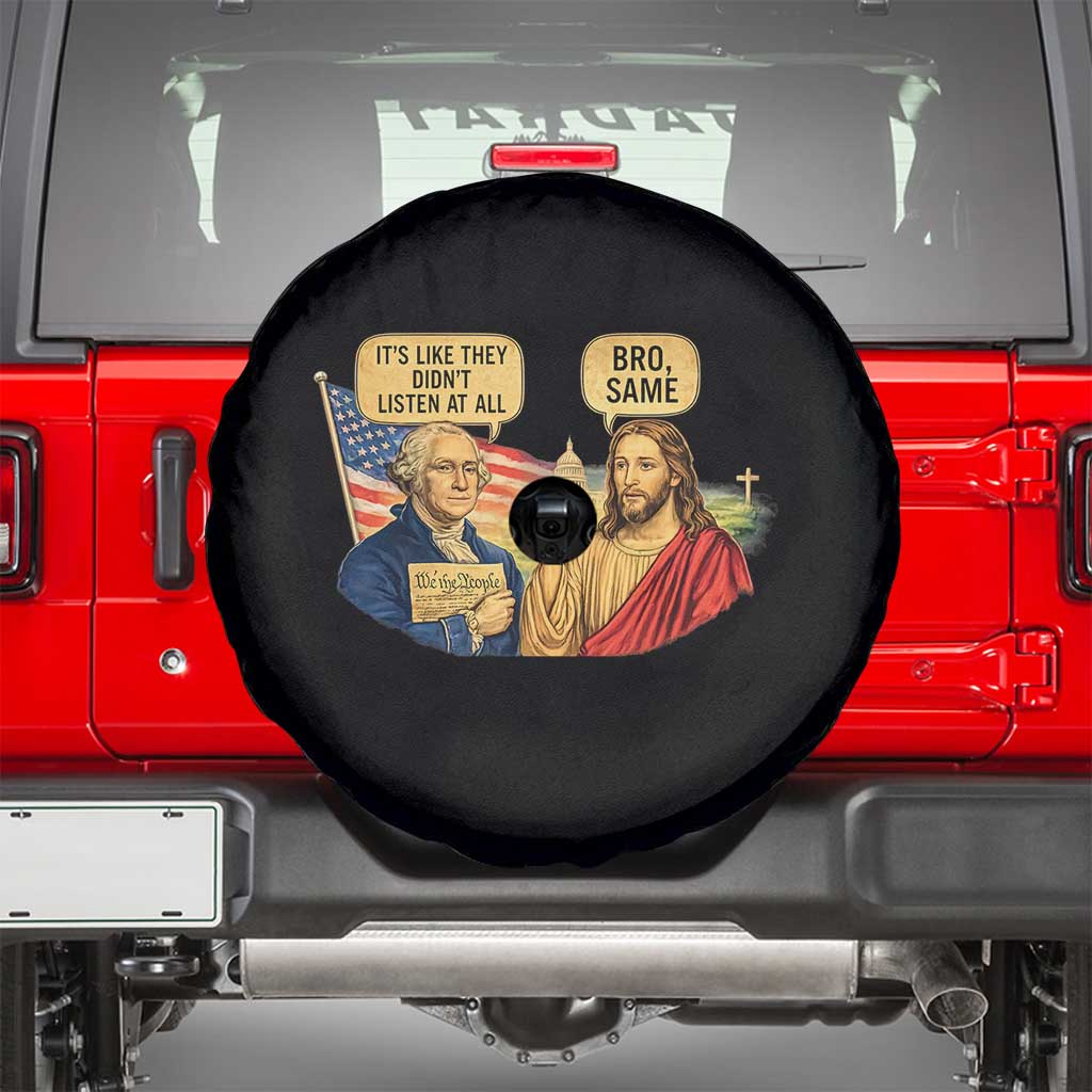 Funny George Washington and Jesus Conversation Spare Tire Cover Patriotic Commentary Historical Icons TS02 Black Print Your Wear