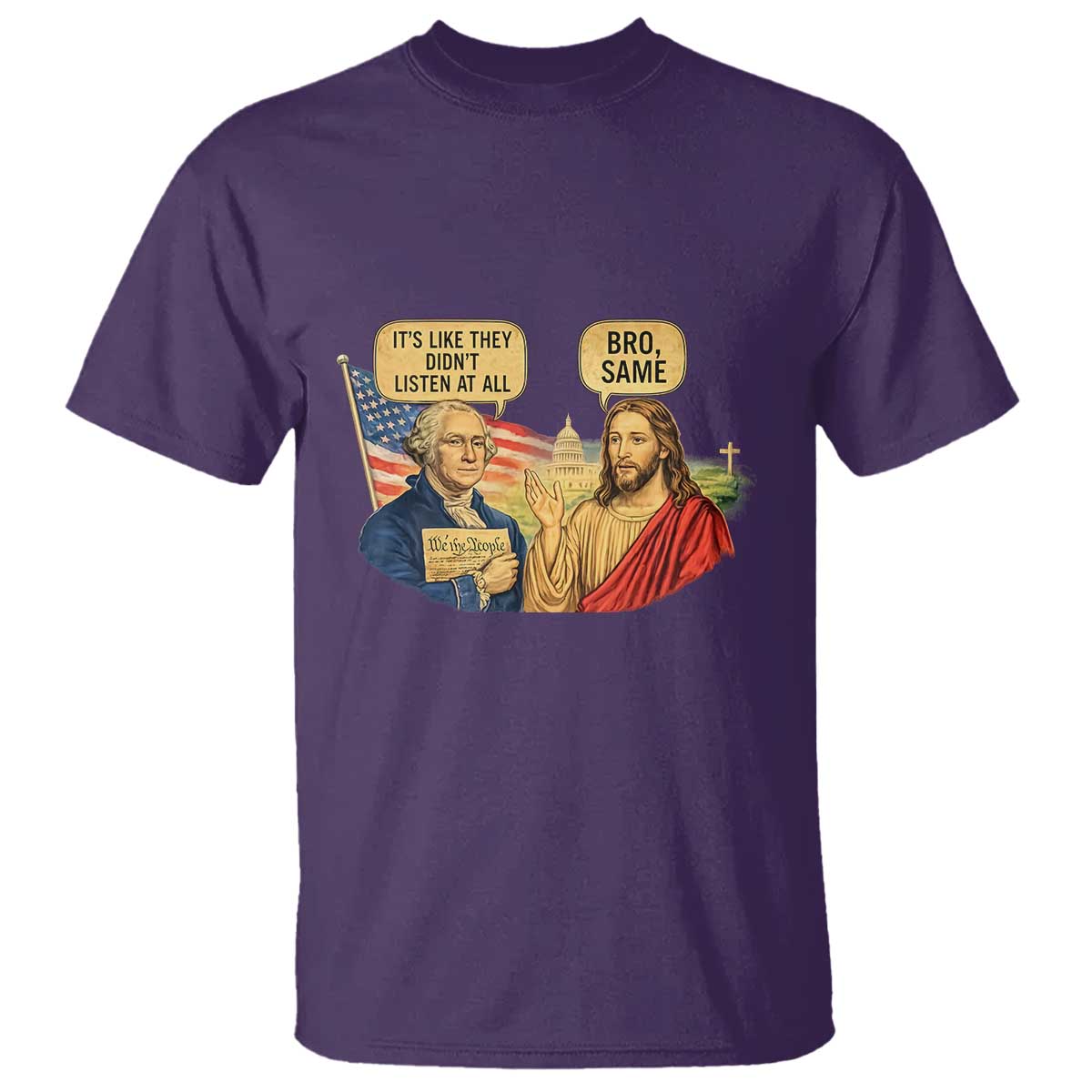 Funny George Washington and Jesus Conversation T Shirt - Patriotic Historical Icons Commentary Tee TS02 Purple Print Your Wear