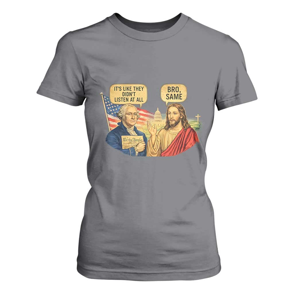 Funny George Washington and Jesus Conversation T Shirt For Women Patriotic Commentary Historical Icons TS02 Charcoal Print Your Wear