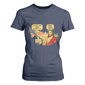 Funny George Washington and Jesus Conversation T Shirt For Women Patriotic Commentary Historical Icons TS02 Navy Print Your Wear