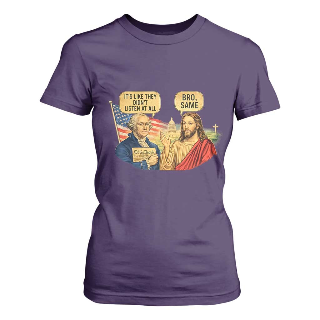 Funny George Washington and Jesus Conversation T Shirt For Women Patriotic Commentary Historical Icons TS02 Purple Print Your Wear