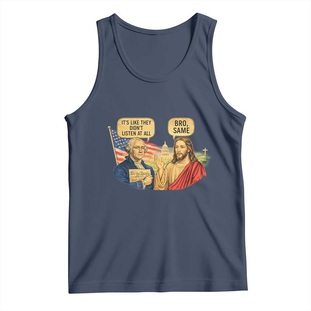 Funny George Washington and Jesus Conversation Tank Top Patriotic Commentary Historical Icons TS02 Navy Print Your Wear
