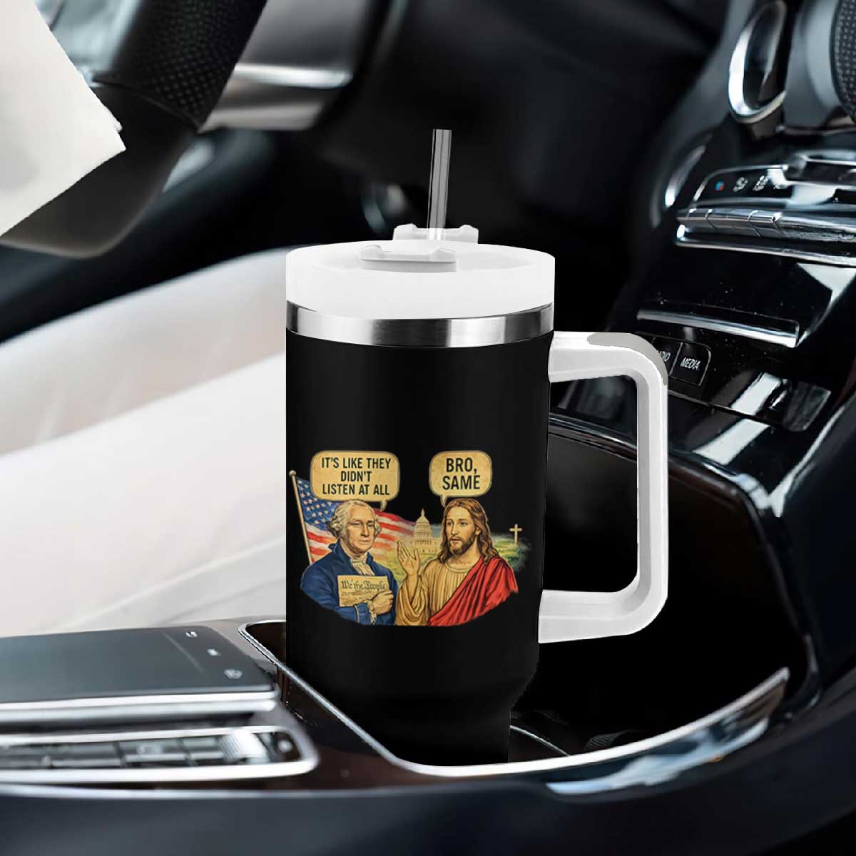 Funny George Washington and Jesus Conversation Tumbler With Handle Patriotic Commentary Historical Icons TS02 Print Your Wear