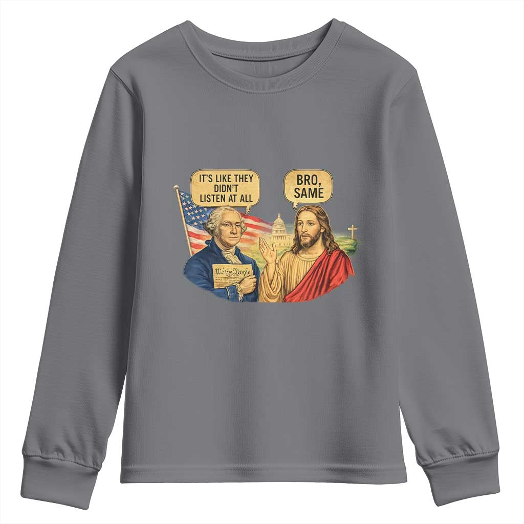 Funny George Washington and Jesus Conversation Youth Sweatshirt Patriotic Commentary Historical Icons TS02 Charcoal Print Your Wear