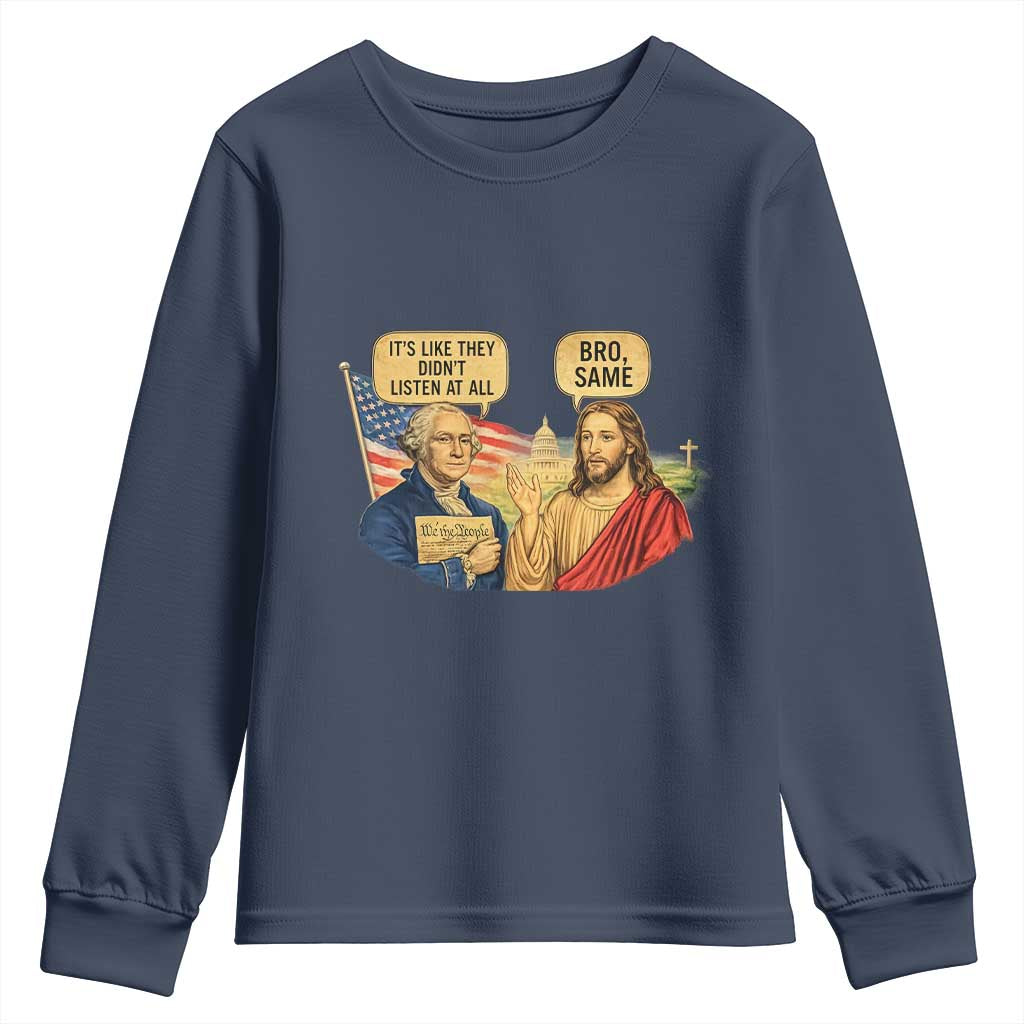 Funny George Washington and Jesus Conversation Youth Sweatshirt Patriotic Commentary Historical Icons TS02 Navy Print Your Wear