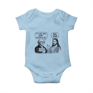 Funny George Washington and Jesus Satire Baby Onesie Political Commentary Founding Fathers and Faith TS02 Light Blue Print Your Wear
