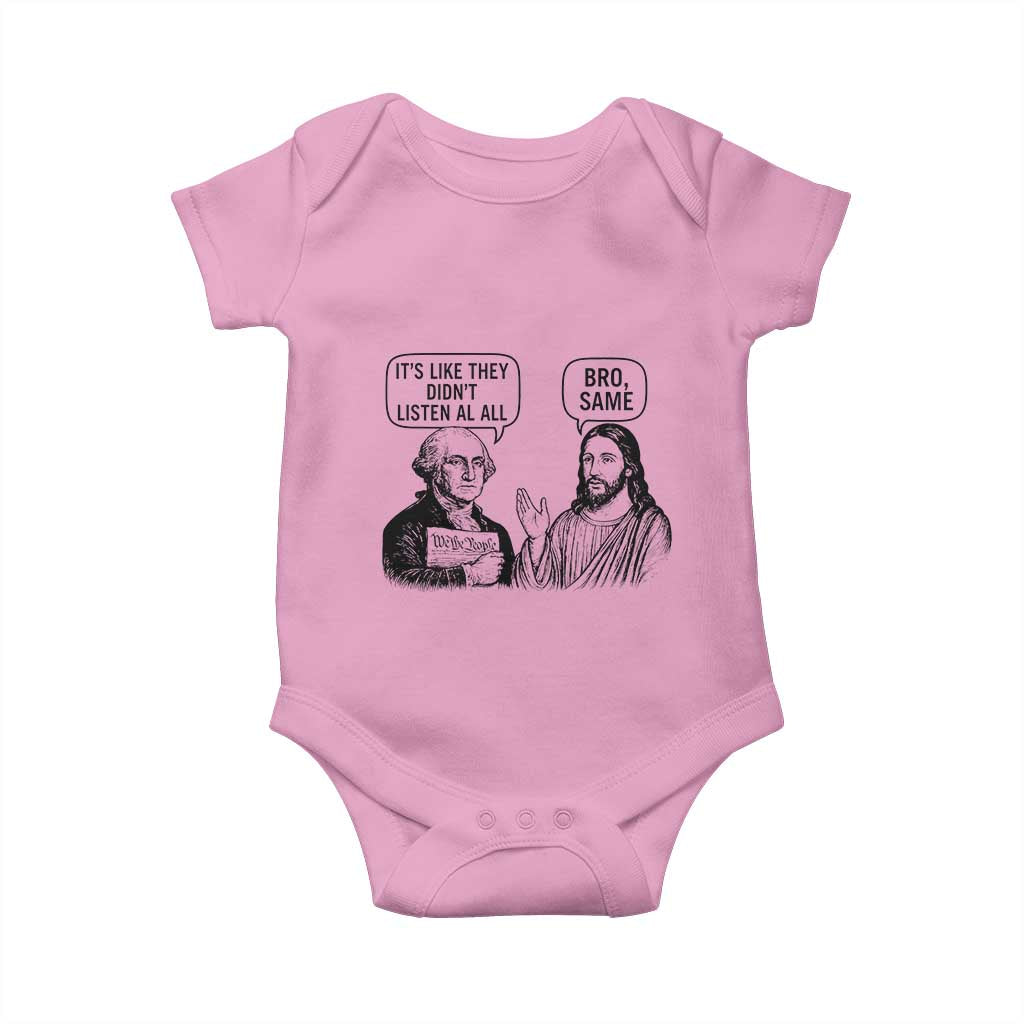 Funny George Washington and Jesus Satire Baby Onesie Political Commentary Founding Fathers and Faith TS02 Light Pink Print Your Wear