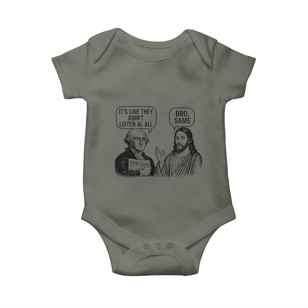Funny George Washington and Jesus Satire Baby Onesie Political Commentary Founding Fathers and Faith TS02 Military Green Print Your Wear