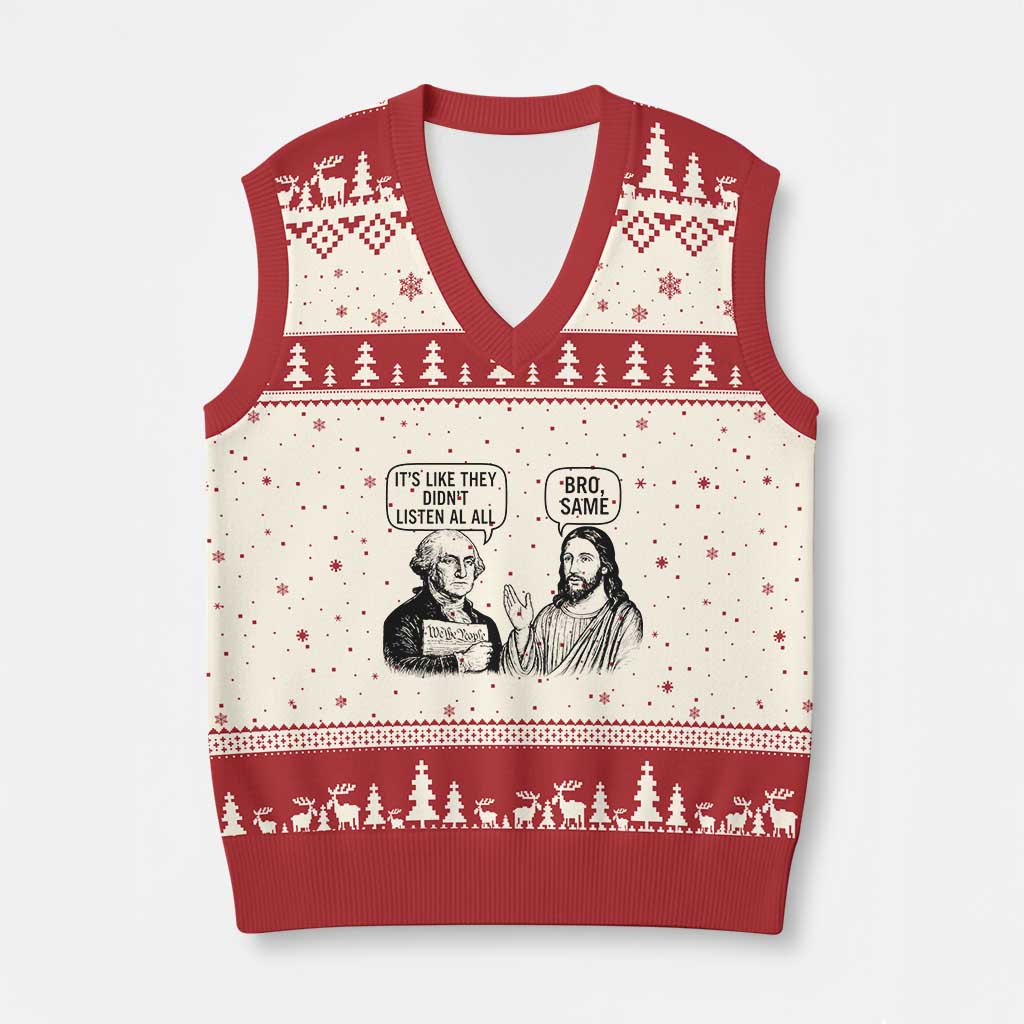Funny George Washington and Jesus Satire V-Neck Knit Sweater Vest Political Commentary Founding Fathers and Faith TS02 Beige Red Print Your Wear