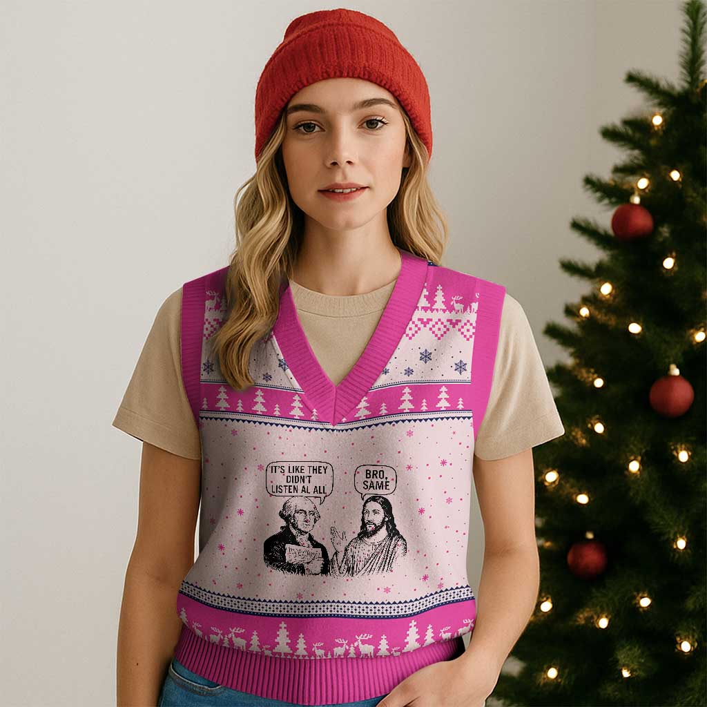 Funny George Washington and Jesus Satire V-Neck Knit Sweater Vest Political Commentary Founding Fathers and Faith TS02 Hot Pink Print Your Wear