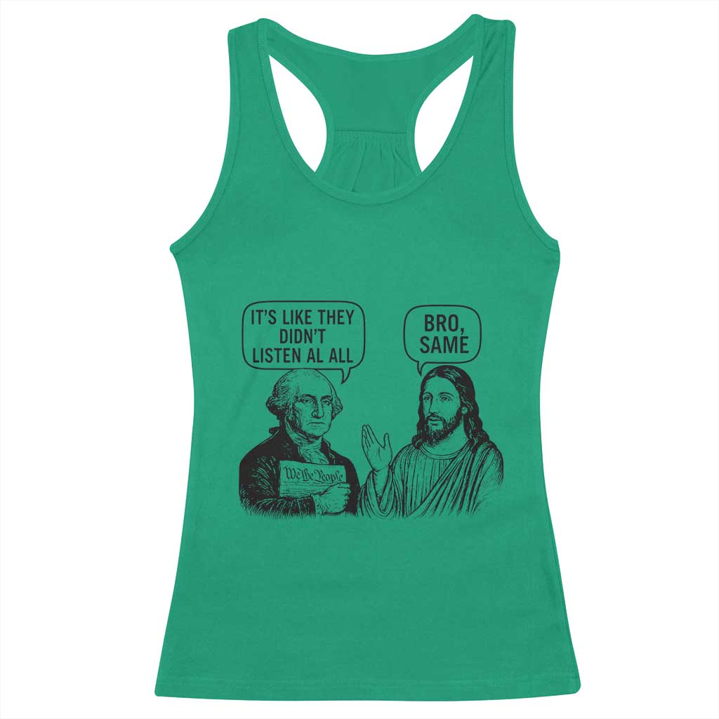 Funny George Washington and Jesus Satire Racerback Tank Top Political Commentary Founding Fathers and Faith TS02 Irish Green Print Your Wear