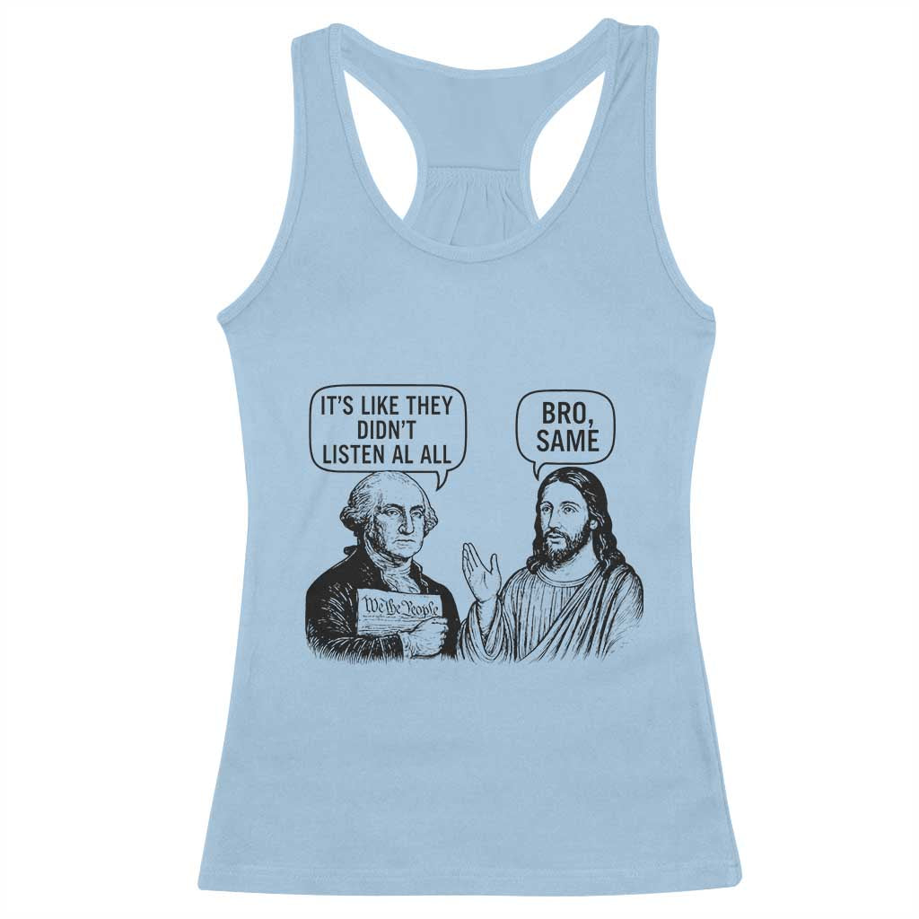 Funny George Washington and Jesus Satire Racerback Tank Top Political Commentary Founding Fathers and Faith TS02 Light Blue Print Your Wear