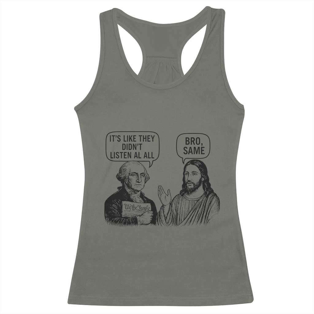 Funny George Washington and Jesus Satire Racerback Tank Top Political Commentary Founding Fathers and Faith TS02 Military Green Print Your Wear