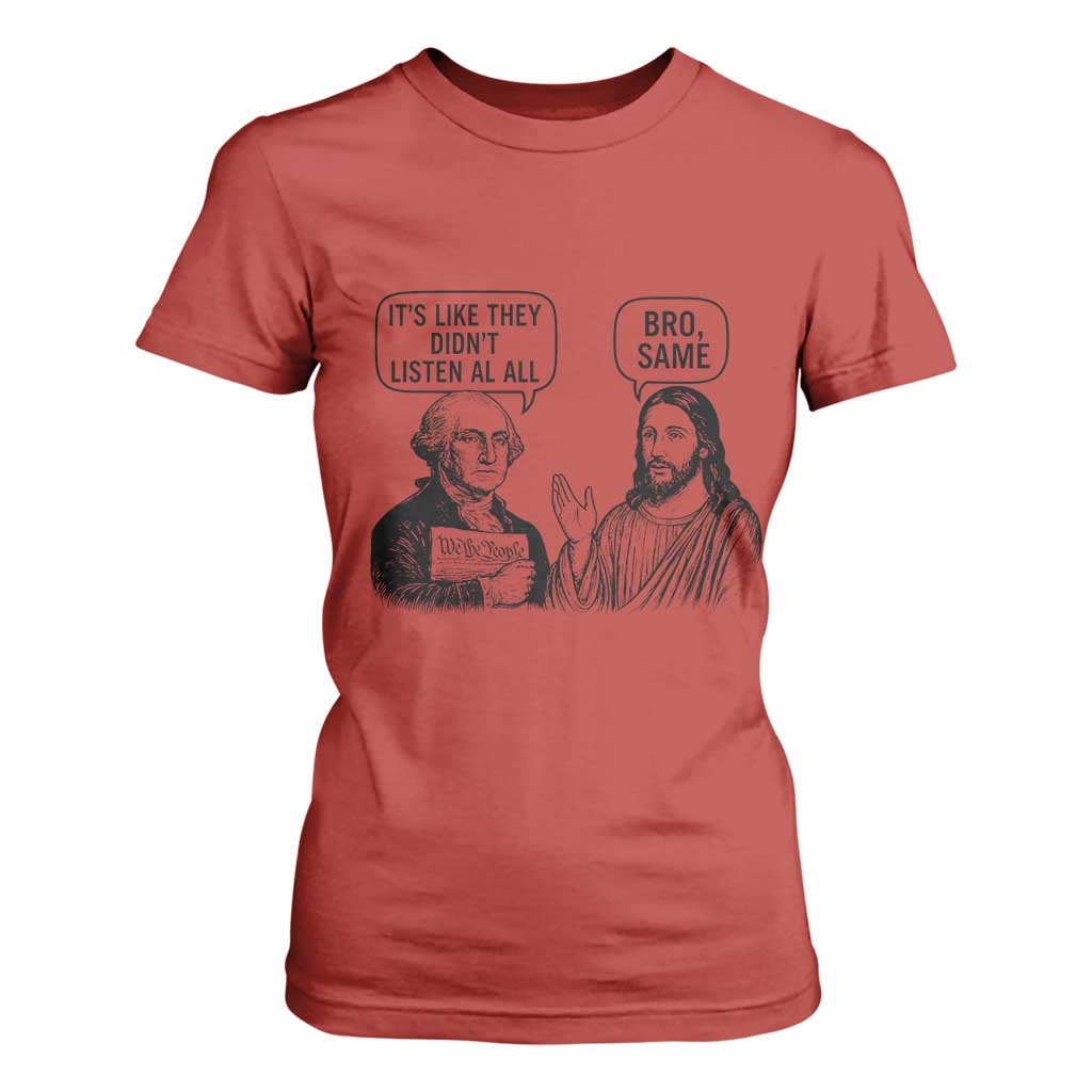 Funny George Washington and Jesus Satire T Shirt For Women Political Commentary Founding Fathers and Faith TS02 Red Print Your Wear