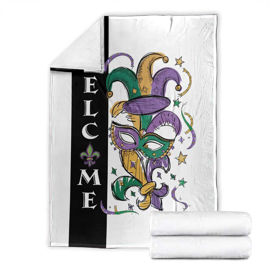 Mardi Gras Welcome Throw Blanket Jester Mask Fleur de Lis Carnival Outdoor Holiday Decorration TS02 White Print Your Wear