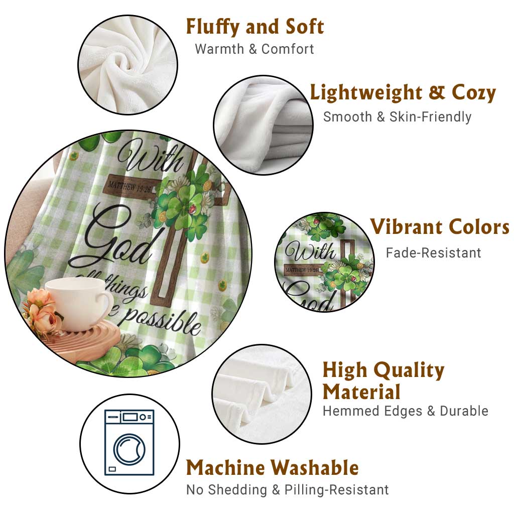 Religious St. Patricks Day Throw Blanket With God All Things Are Possible Christian Bible Verse & Shamrocks TS02 Print Your Wear