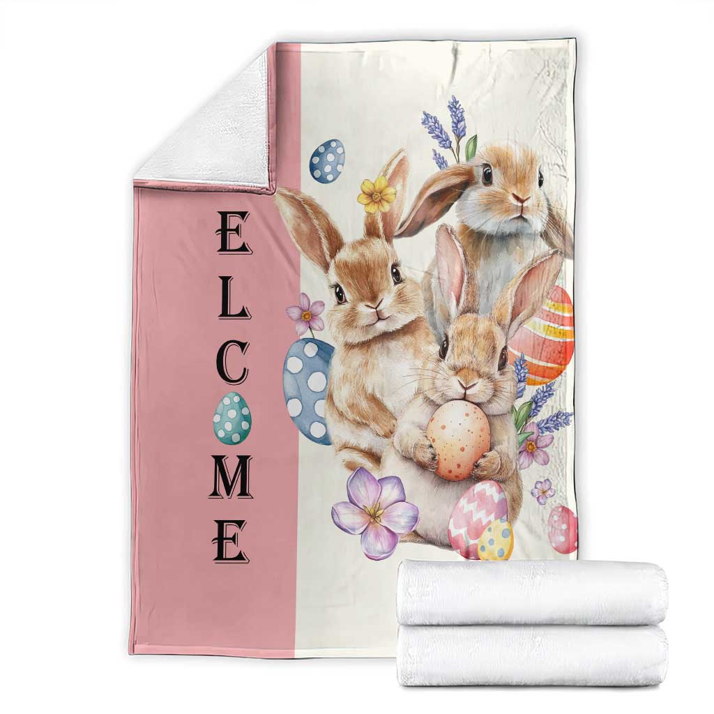 Easter Bunny Welcome Throw Blanket Cute Watercolor Rabbits with Eggs & Flowers, Spring Yard Decor TS02 Light Pink Print Your Wear