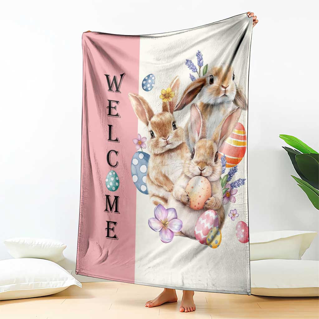 Easter Bunny Welcome Throw Blanket Cute Watercolor Rabbits with Eggs & Flowers, Spring Yard Decor TS02 Print Your Wear