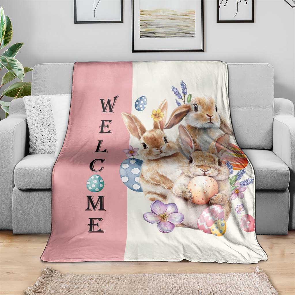 Easter Bunny Welcome Throw Blanket Cute Watercolor Rabbits with Eggs & Flowers, Spring Yard Decor TS02 Print Your Wear