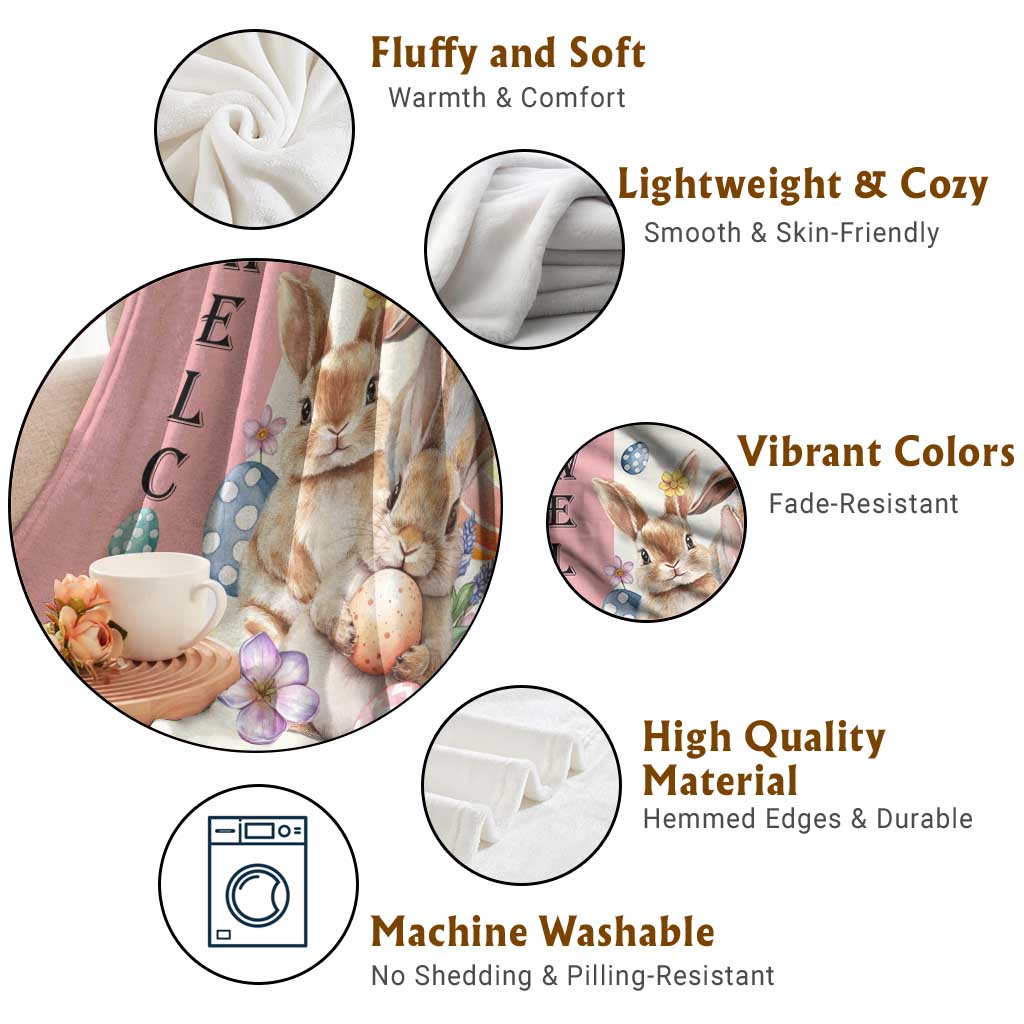 Easter Bunny Welcome Throw Blanket Cute Watercolor Rabbits with Eggs & Flowers, Spring Yard Decor TS02 Print Your Wear