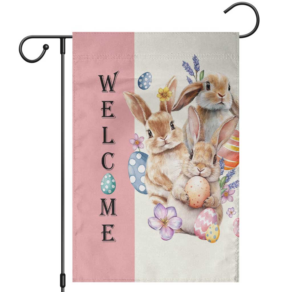 Easter Bunny Welcome Garden Flag Cute Watercolor Rabbits with Eggs & Flowers, Spring Yard Decor TS02 Light Pink Print Your Wear