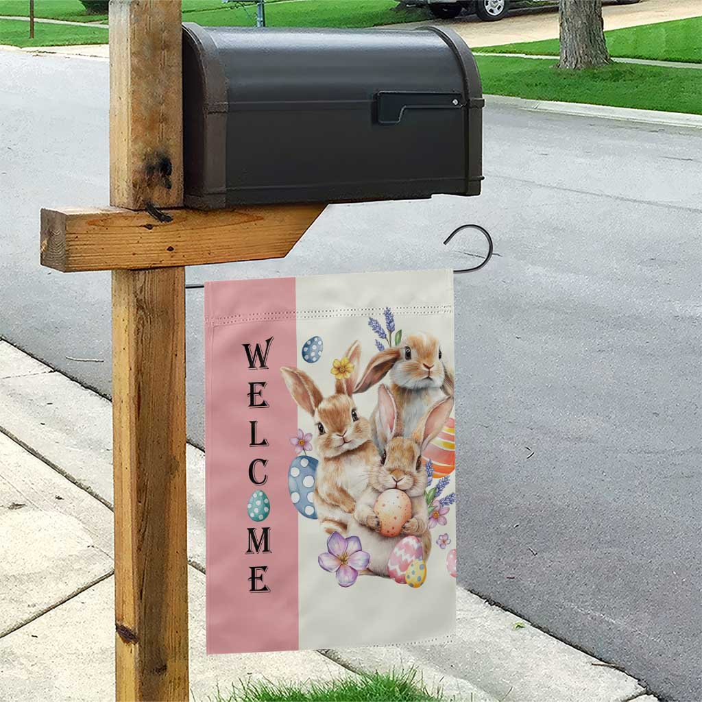Easter Bunny Welcome Garden Flag Cute Watercolor Rabbits with Eggs & Flowers, Spring Yard Decor TS02 Print Your Wear
