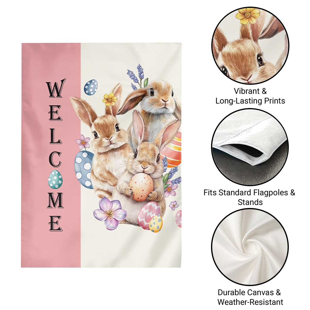 Easter Bunny Welcome Garden Flag Cute Watercolor Rabbits with Eggs & Flowers, Spring Yard Decor TS02 Print Your Wear