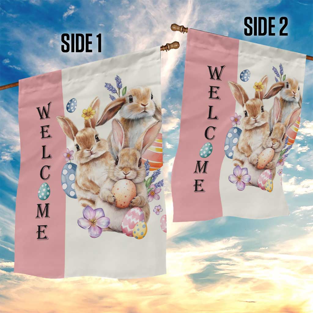 Easter Bunny Welcome Garden Flag Cute Watercolor Rabbits with Eggs & Flowers, Spring Yard Decor TS02 Print Your Wear