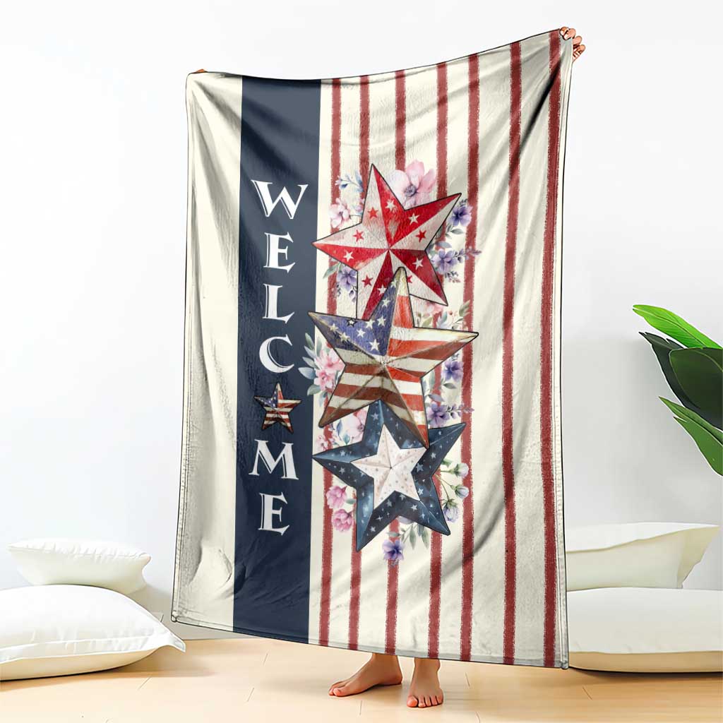 American Patriotic Welcome Throw Blanket US Flag Red White & Blue Stars, Rustic 4th of July Outdoor Decor TS02 Print Your Wear