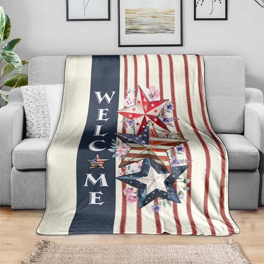 American Patriotic Welcome Throw Blanket US Flag Red White & Blue Stars, Rustic 4th of July Outdoor Decor TS02 Print Your Wear