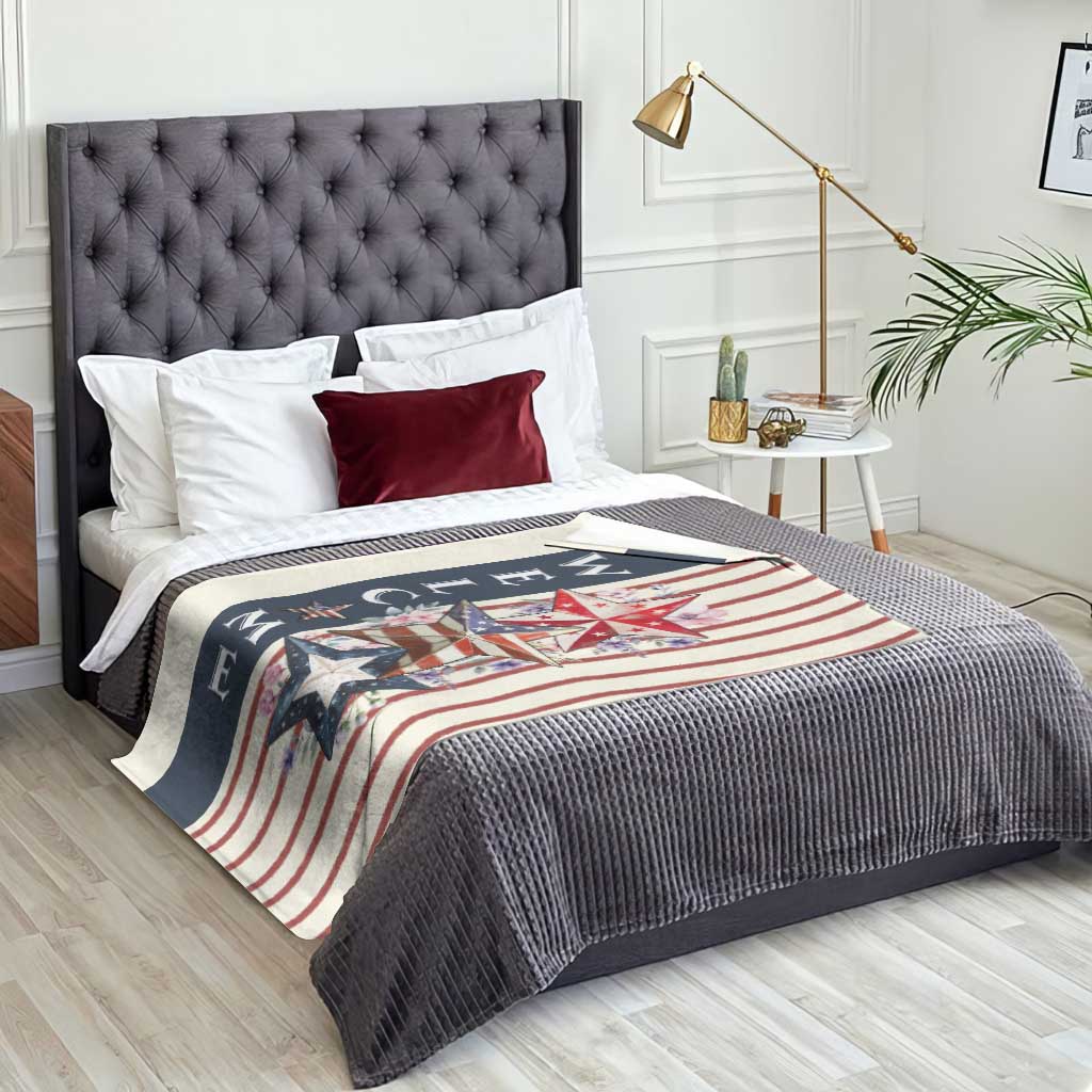 American Patriotic Welcome Throw Blanket US Flag Red White & Blue Stars, Rustic 4th of July Outdoor Decor TS02 Print Your Wear