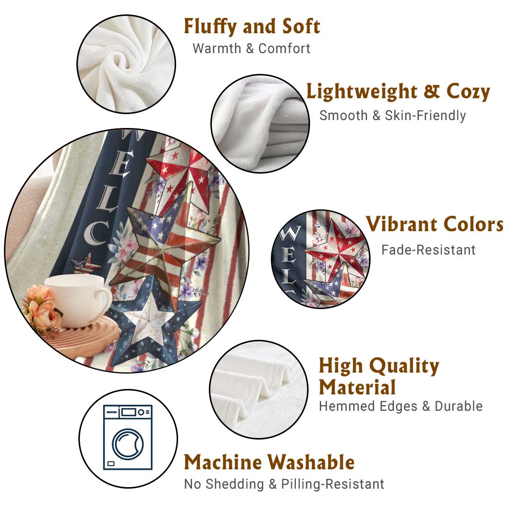 American Patriotic Welcome Throw Blanket US Flag Red White & Blue Stars, Rustic 4th of July Outdoor Decor TS02 Print Your Wear