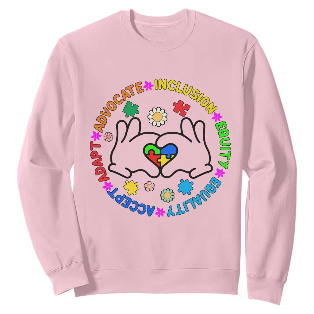Autism Acceptance Sweatshirt Accept Adapt Advocate Inclusion Equity Equality TS02 Light Pink Printyourwear