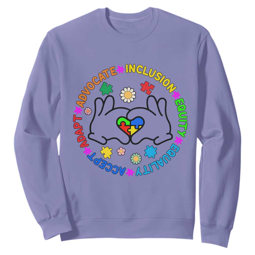 Autism Acceptance Sweatshirt Accept Adapt Advocate Inclusion Equity Equality TS02 Violet Printyourwear