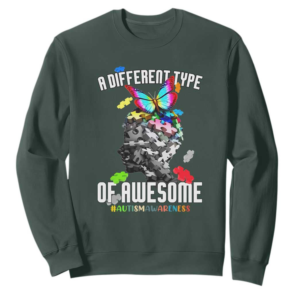 Autism Awareness Sweatshirt A Different Type Of Awesome Butterfly Puzzle Pieces TS02 Dark Forest Green Printyourwear