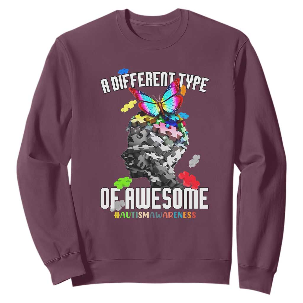 Autism Awareness Sweatshirt A Different Type Of Awesome Butterfly Puzzle Pieces TS02 Maroon Printyourwear