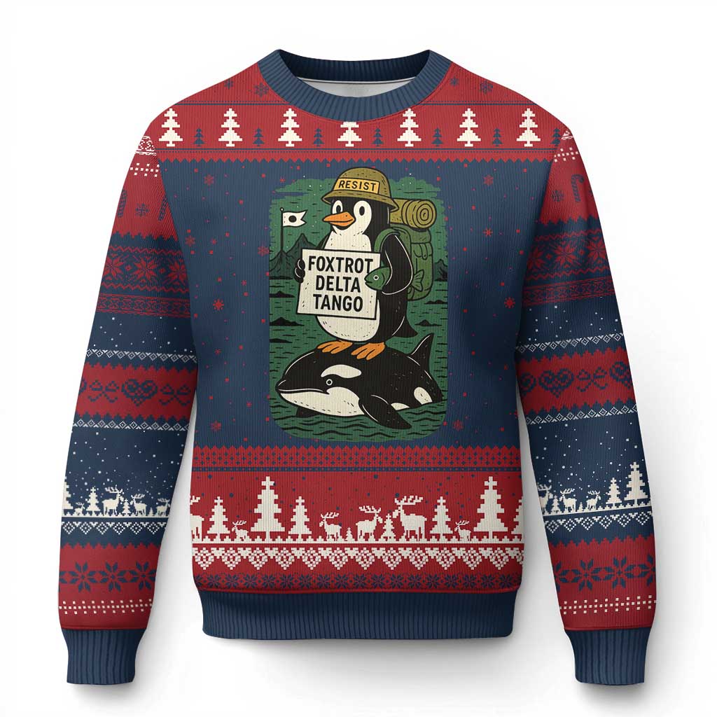 Funny Penguin Resist Ugly Christmas Sweater No Tarriffs Activism Graphic TS02 Navy Red Print Your Wear