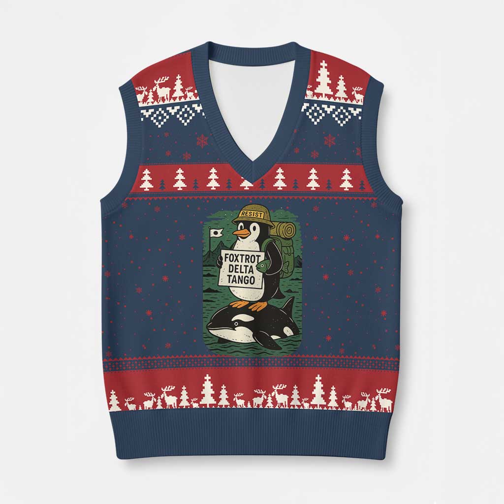 Funny Penguin Resist V-Neck Knit Sweater Vest No Tarriffs Activism Graphic TS02 Navy Red Print Your Wear