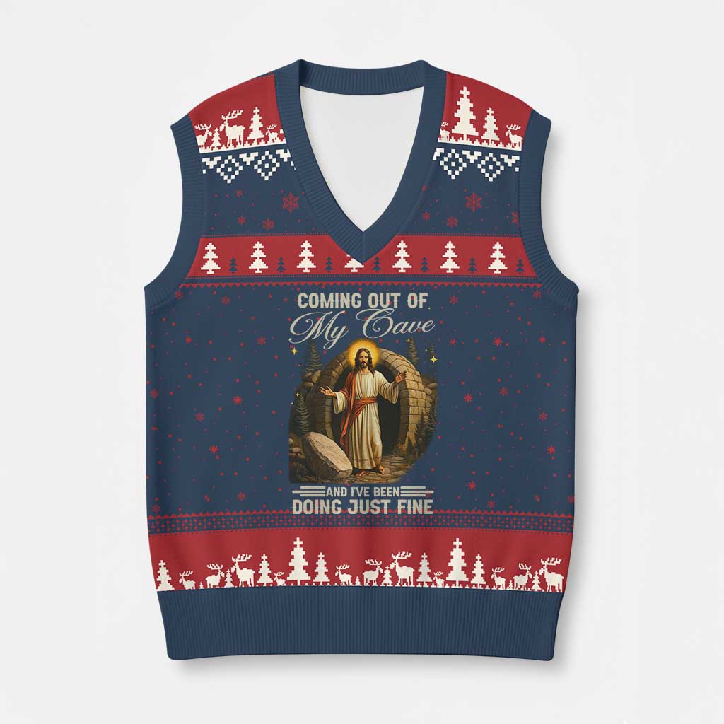 Funny Jesus V-Neck Knit Sweater Vest Coming Out Of My Cave And I've Been Doing Just Fine TS02 Navy Red Print Your Wear